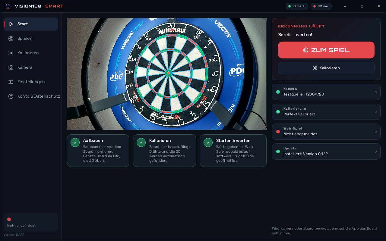 Startseite von Vision180 Smart mit Livebild, drei Schritten und Statusanzeigen